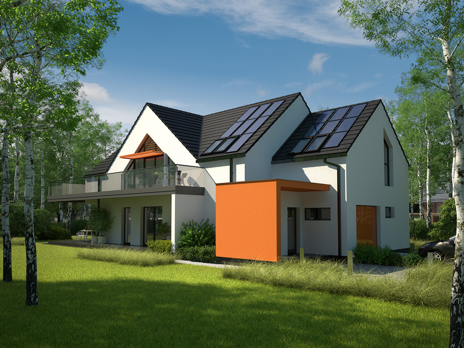 Projekt domu Z USŁUGĄ Domy Czystej Energii widok od boku i od frontu