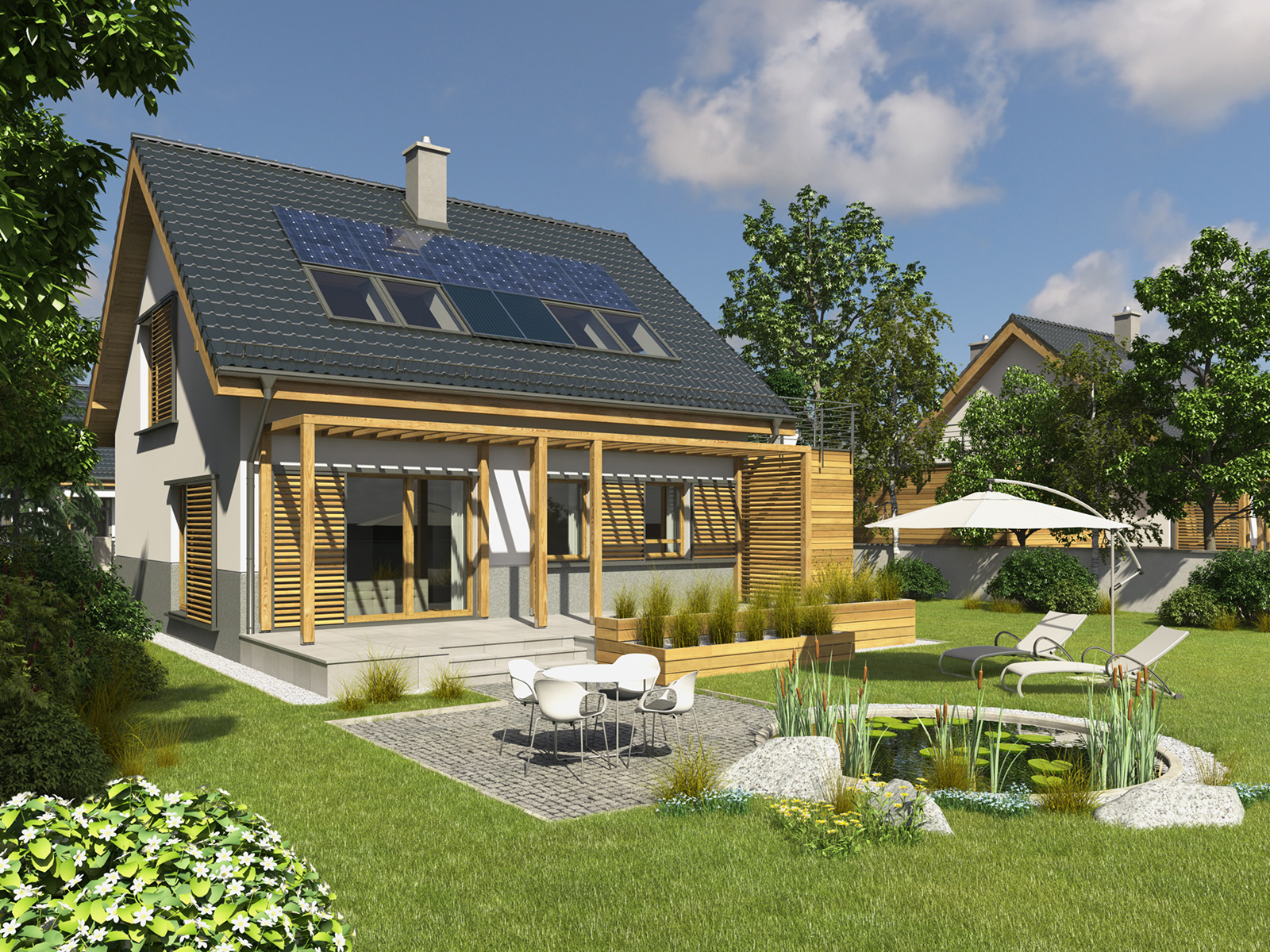 Projekt domu CIEPŁY Domy Czystej Energii widok od ogrodu