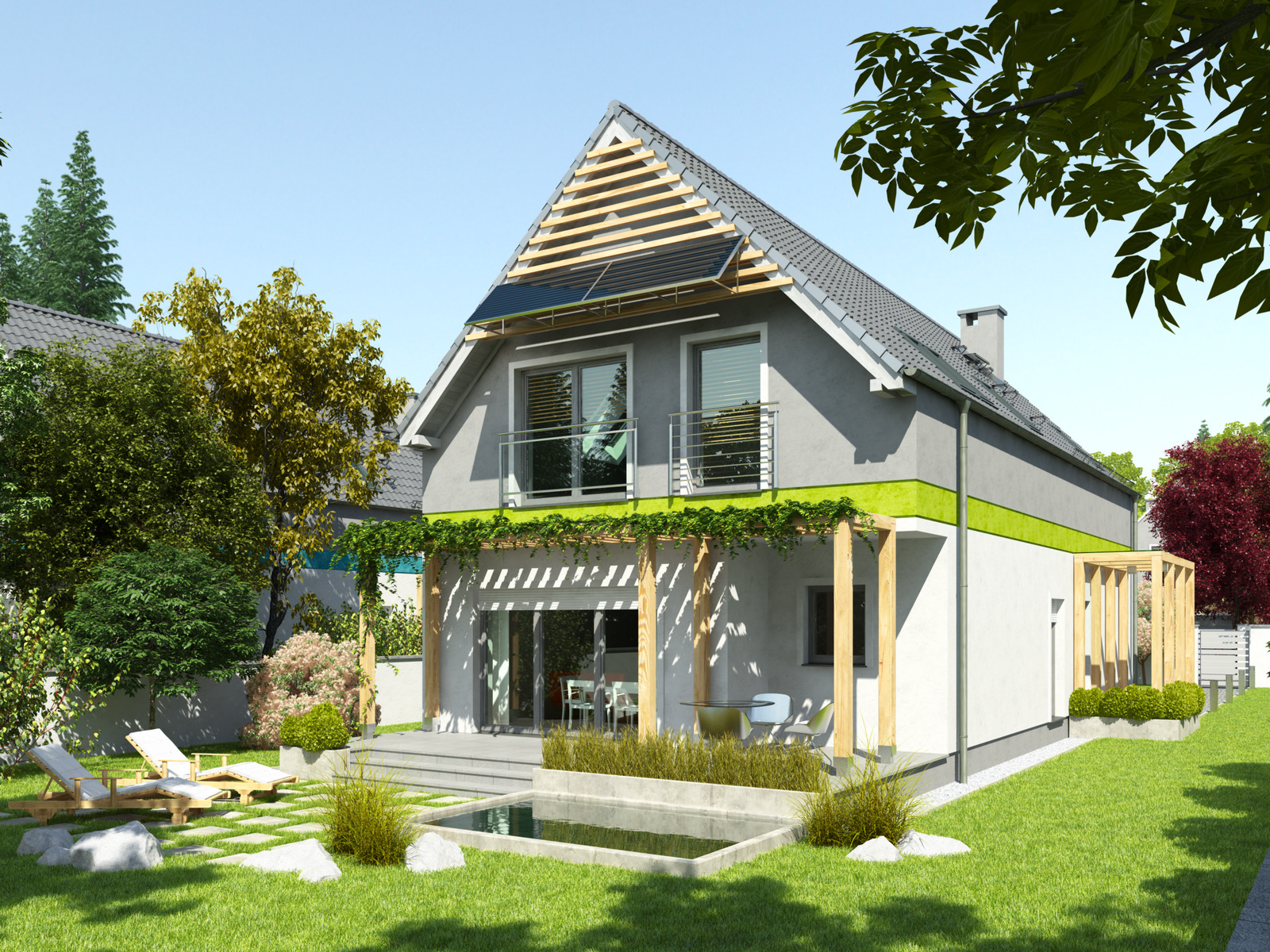 Projekt domu MAŁY I WĄSKI Domy Czystej Energii widok od ogrodu