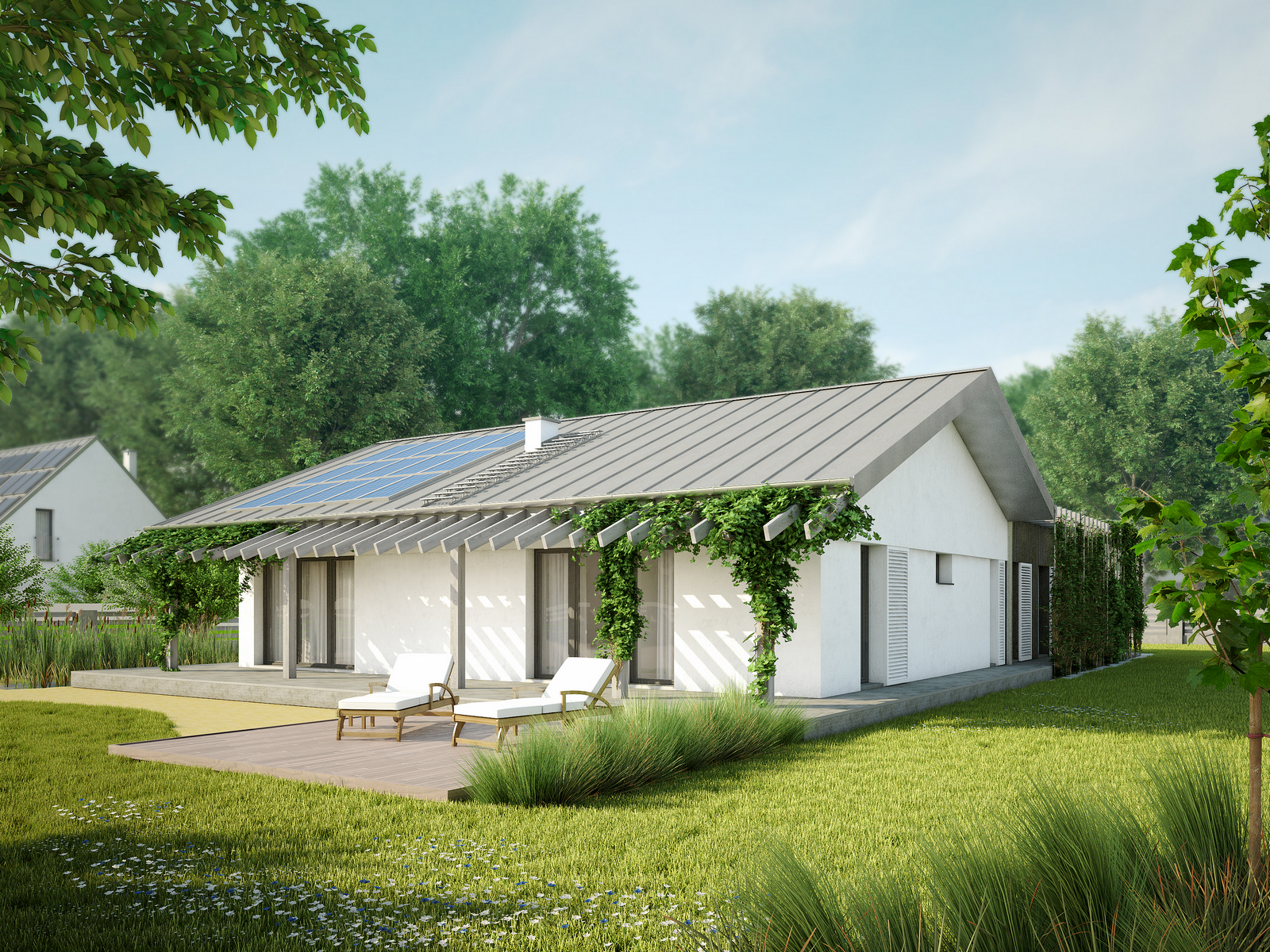 Projekt domu NIZINNY Domy Czystej Energii widok z boku i od ogrodu
